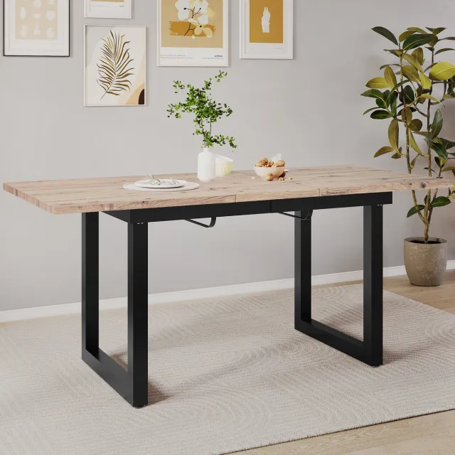 Welltin Eettafel Inklapbaar - 140-180 x 80 x 75cm - Keukentafel - Met metalen poten - Ruimtebesparende Multifunctionele Eettafel - Zwart, natuurlijke houtkleur