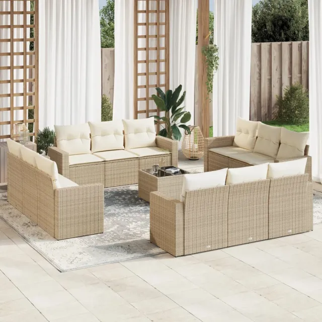 vidaXL 13-delige Loungeset met kussens poly rattan beige, foto 2