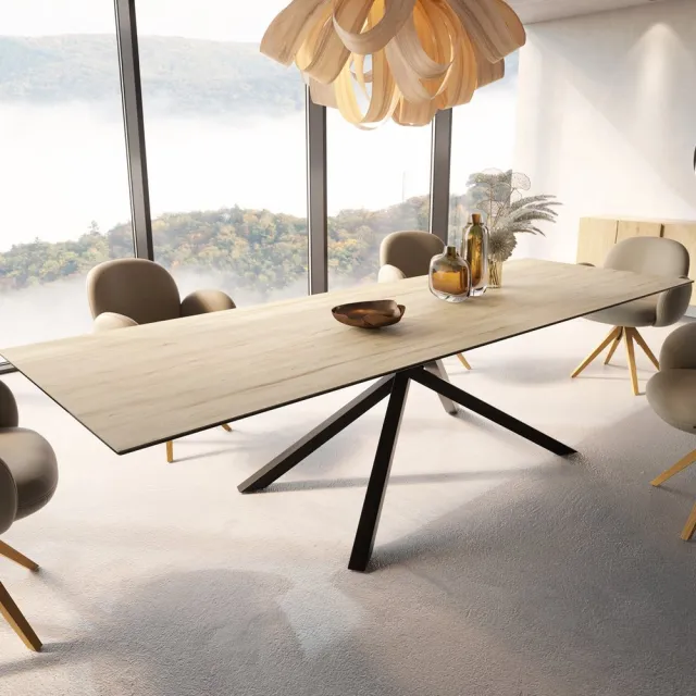 DELIFE Eetkamertafel Edge keramiek Laminam® Sabbia eiken kleur 300x100 kruisframe rechthoek zwart Eichefarbig