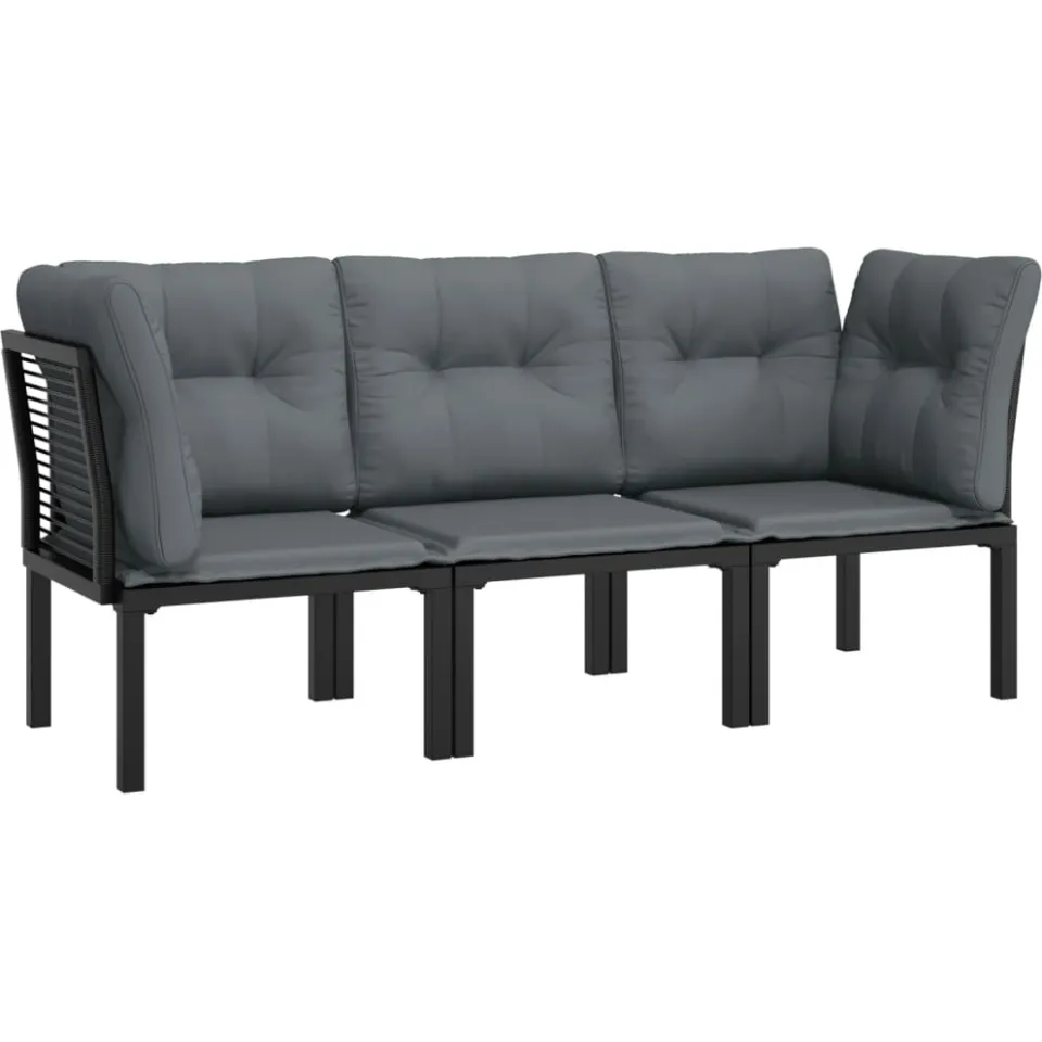 vidaXL 3-delige Loungeset met kussens poly rattan zwart en grijs