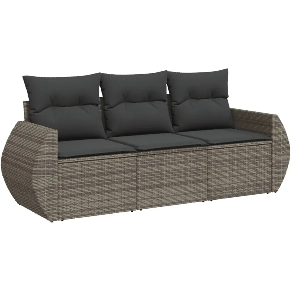 vidaXL 3-delige Loungeset met kussens poly rattan grijs, foto 3