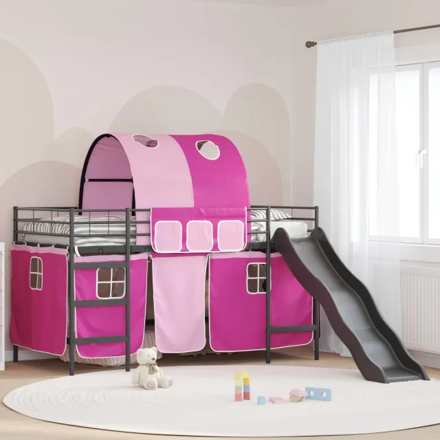 vidaXL Bunkbed voor kinderen met gordijnen Zwart en Roze 100 x 200 cm