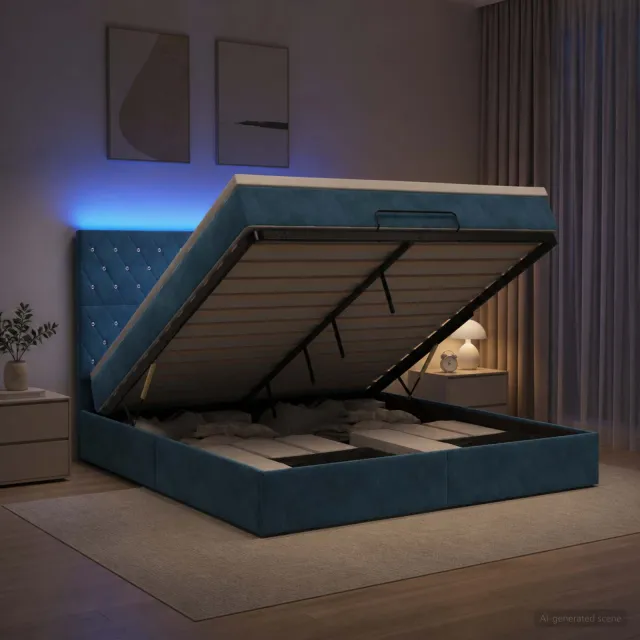 vidaXL Ottoman Bed met Matrassen en LED Donkerblauw 140 x 190 cm