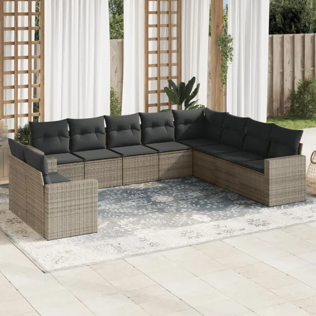 vidaXL 10-delige Loungeset met kussens poly rattan grijs, foto 2