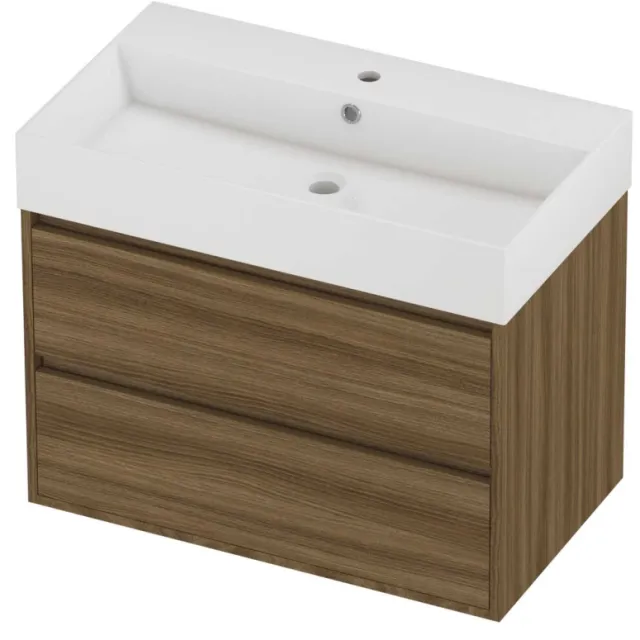 Proline Zara Badmeubelset Porselein Loft 1 Kraangat Greeploos 80x46x65 cm Glans Wit Caramel Walnut Houtlook