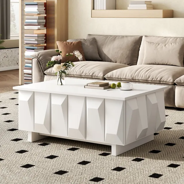 KOMHTOM Salontafel met opbergruimte, moderne woonkamertafel van PB, fronten met 3D-structuur, royaal aflegvlak, kastvakken met deuren, voor de woonkamer Wit