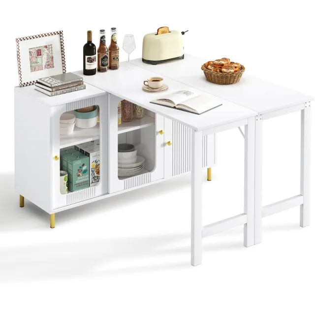 MUVANO Wit dressoir met uitklapbaar tafelblad - Glazen schuifdeuren - Golfpatroon - Gouden metalen poten - 116 x 40 x 78,5 cm - Keuken en eetkamer