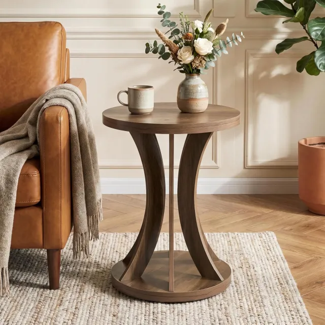 Tribesigns ronde Bijzettafel - Sidetable met gebogen frame voor Woonkamer- bijzettafel met metalen frame voor Woonkamer, Thuiskantoor - 50×50×60 cm - bruin