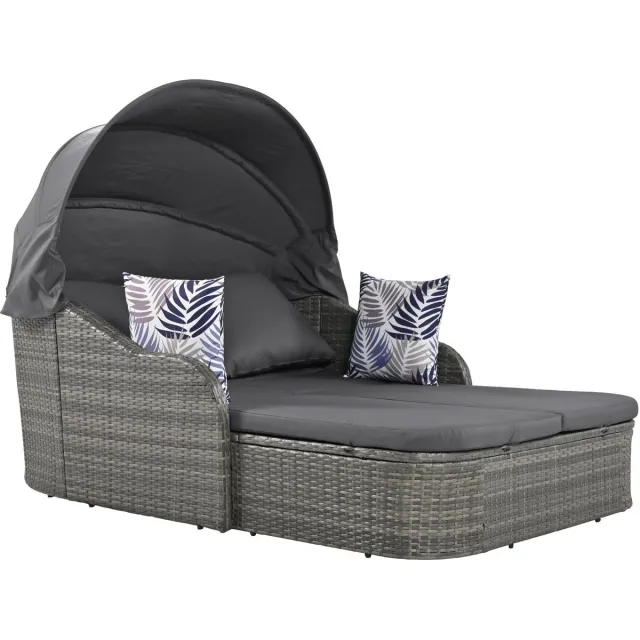 in& out door furniture Zonnedorp, tuinlounge set, PE-rattan met verstelbare luifel, weersbestendige terras-ligstoel van gevlochten riet, dubbele lounge met 4 kussens en afneembare kussenslopen voor tuin, zwembad, grijs