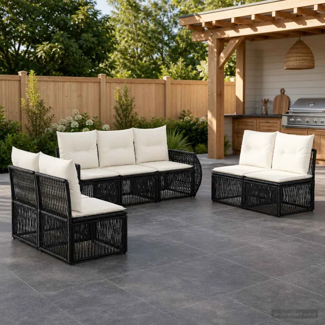 vidaXL Tuinbankenset 7 st 7-zits Zwart en Cream Wit poly rattan, foto 2