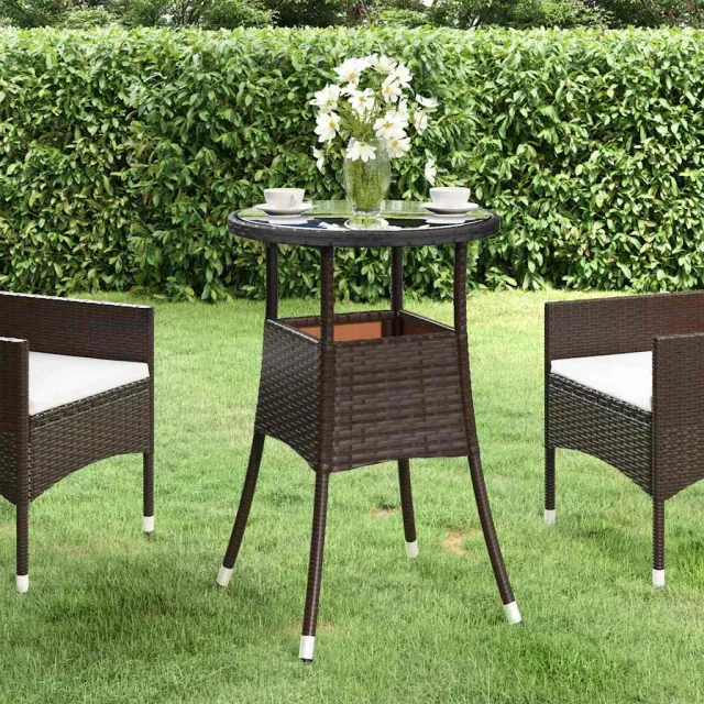 vidaXL Tuintafel Ø60x75 cm gehard glas en poly rattan bruin, foto 2