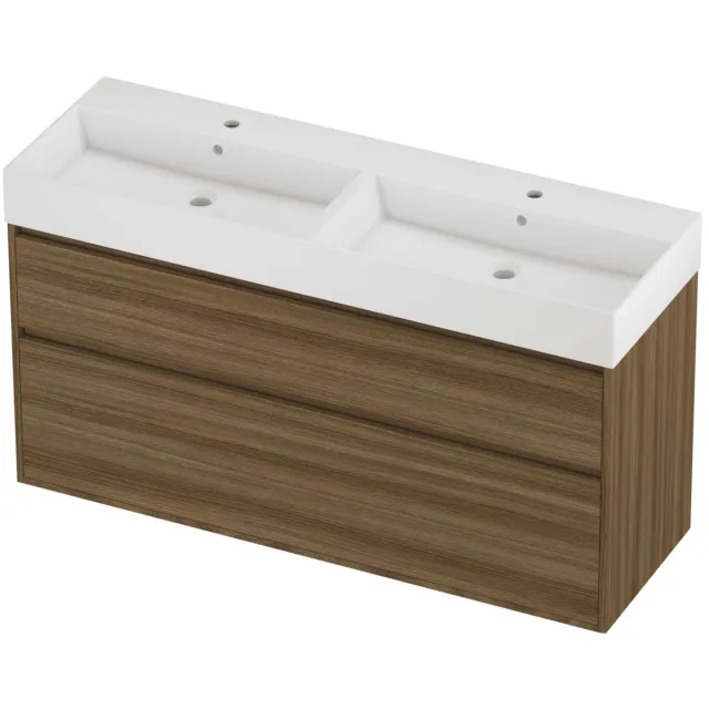 Proline Zara Badmeubelset Porselein Loft 2 Gaten 140x46x78 cm Glans Wit Caramel Walnut Houtlook