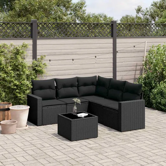 vidaXL 6-delige Loungeset met kussens poly rattan zwart, foto 2