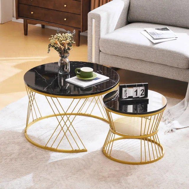 MODENUIT Salontafelset - Ronde Nesttafels Met Hoogglans Marmerpatroon - MDF En Metaal - 70x70x47 En 45x45x40 Cm Zwart