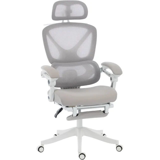 MUVANO Ergonomische bureaustoel met verstelbare hoofdsteun - Netstof - Uitschuifbare voetsteun - 71 x 70 x 119-129 cm - Kantelbaar tot 135 graden - Thuiskantoor grijs