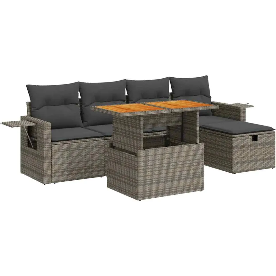 vidaXL 6-delige Loungeset met kussens poly rattan acacia grijs, foto 3