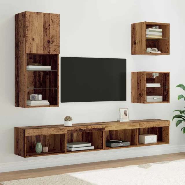 vidaXL TV Wand Eenheden met LED 5 st Oud Hout 100 x 30 x 30 cm Bruin