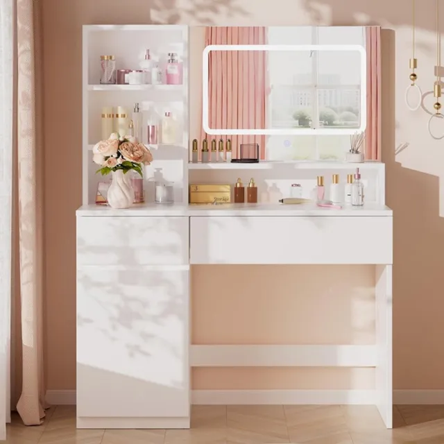Sierra , Make-uptafel met licht, spiegel met instelbare helderheid, make-upbureau met 2 laden en open planken voor slaapkamer, woonkamer, modern wit
