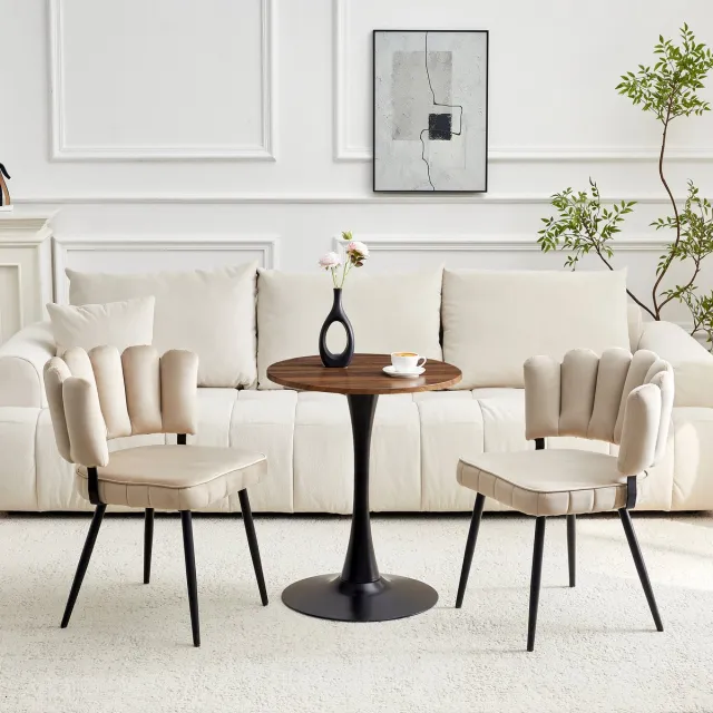 MODENUIT Tafel- En Stoelset - Ronde Tafel 60 Cm - Met Samt Stoelen En Zwarte Metalen Poten - Voor Eetkamer En Woonkamer - MDF En Stof - Lichtkoffie Licht Koffie, Walnoot En Zwart