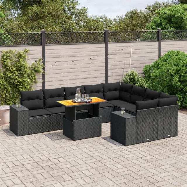 vidaXL 10-delige Loungeset met kussens poly rattan zwart, foto 2