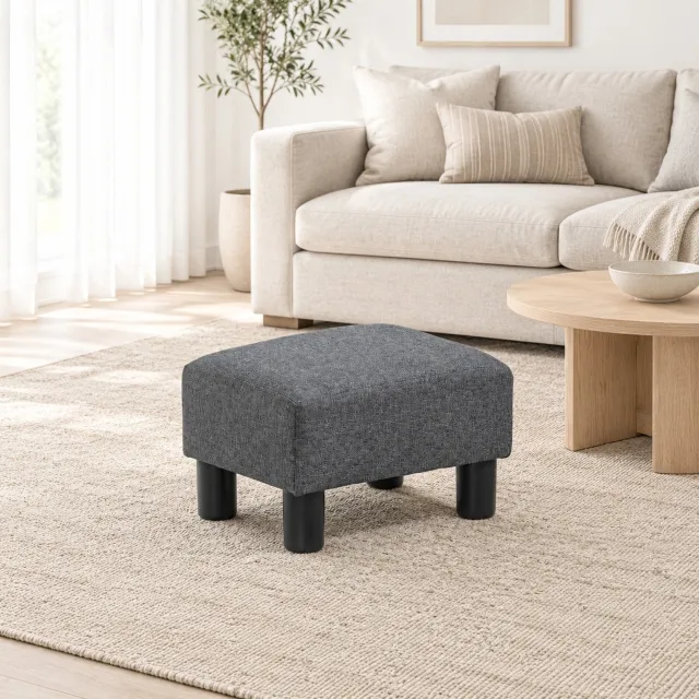 DESMIU Voetenbankje 40 x 30 x 24 cm - Gestoffeerd Met Linnenlook en 24D-Schuim - Voor Woonkamer en Slaapkamer - Stof en Hout - Donkergrijs
