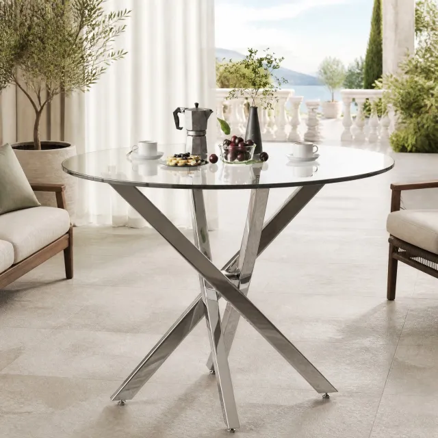 Maisentiel Ronde eettafel Ø 80 cm, 75 cm hoog - gehard glas en metalen kruisvoet - zilver