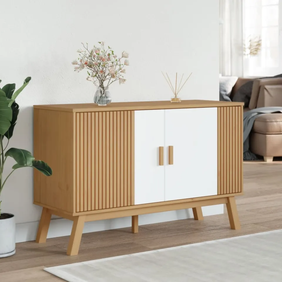 vidaXL Dressoir OLDEN 114x43x73,5 cm massief grenenhout wit en bruin, foto 3