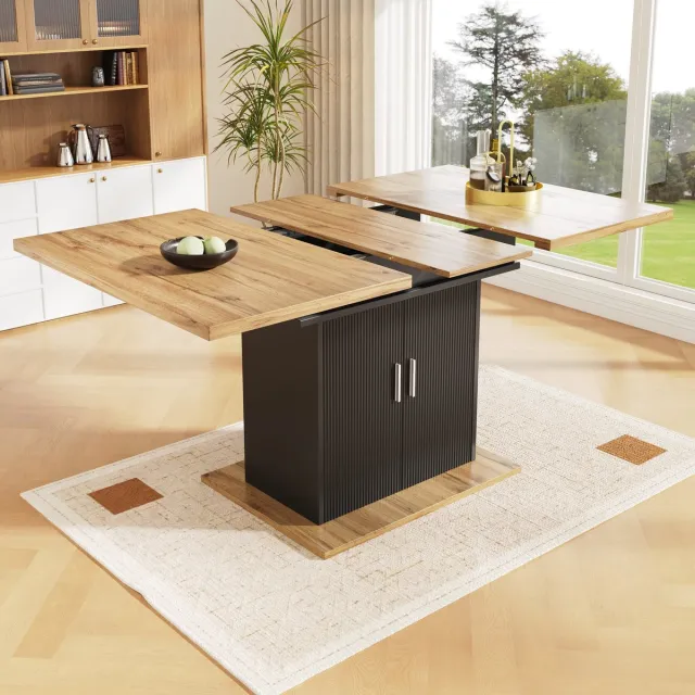 COVREO Eettafel 140 x 70 cm – uitschuifbaar, MDF, zwart en naturel, opbergruimte