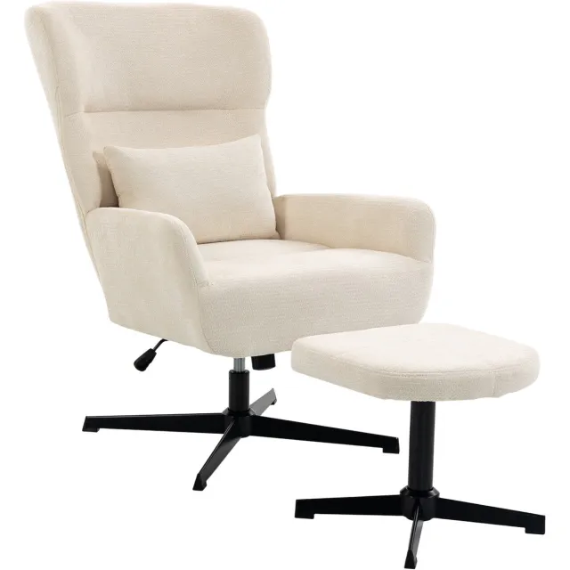 Homona Relaxfauteuil met hocker - 360° draaibaar en in hoogte verstelbaar - Met lendenkussen en chenille bekleding - 71 x 88 x 98-104 cm - Crèmewit Cremeweiß