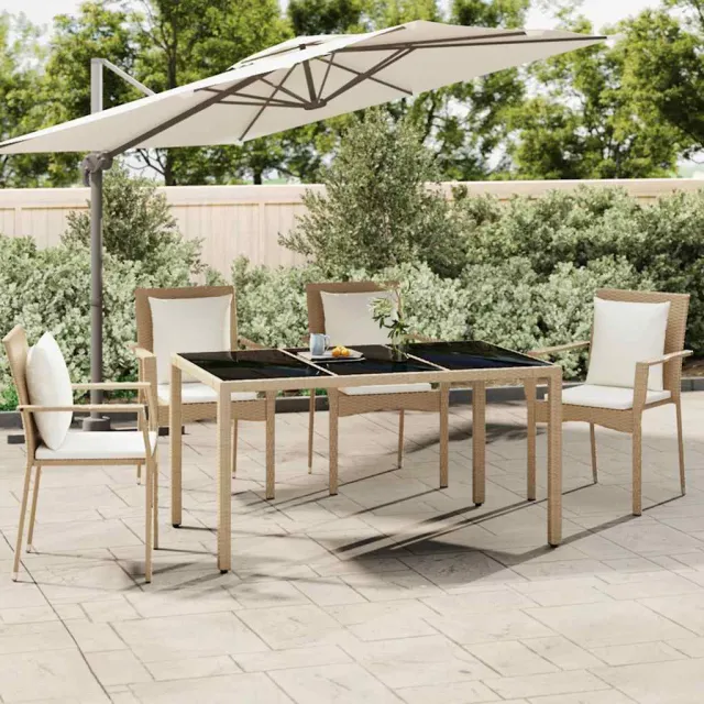 vidaXL Tuintafel met glazen blad poly rattan en gehard glas beige, foto 2