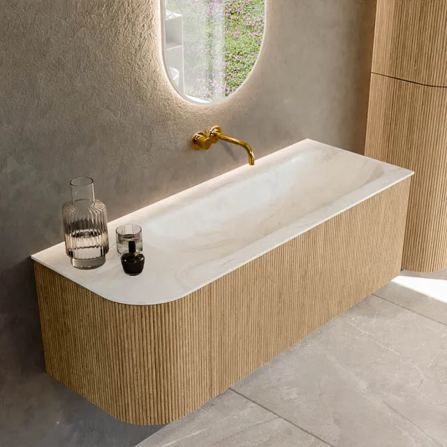 Mondiaz KURVE-DLUX 125 cm Onderkast Greeploos 1 Lade Met Deuren Oak, Wastafel Solid Surface Rechts Ostra 0 Kraangaten Zonder Spiegel (KRVBGM125L1L1D0KR-Oak/Ost)
