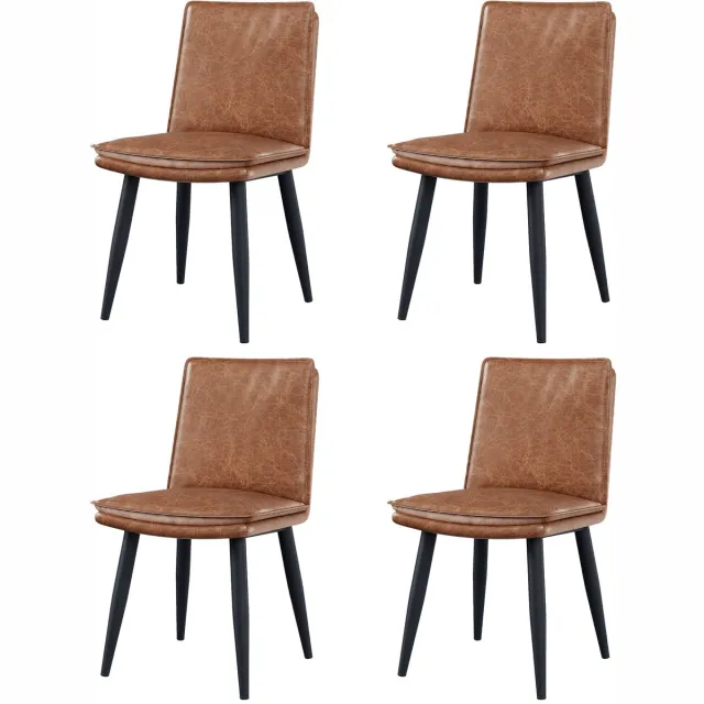 Merax Set Van 4 Bruine Eetkamerstoelen - Kunstleren Stoelen Met Dubbel Zitkussen - Zwarte Metalen Poten - Moderne Eetkamerstoelen