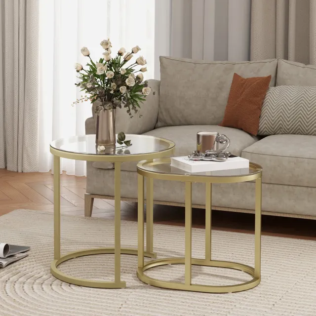 STILVORA Couchtischset - Stapelbare Beistelltische Met Hartglas En Stalen Frame - Voor Woonkamer En Interieur - Goud - 2 Delig Gold