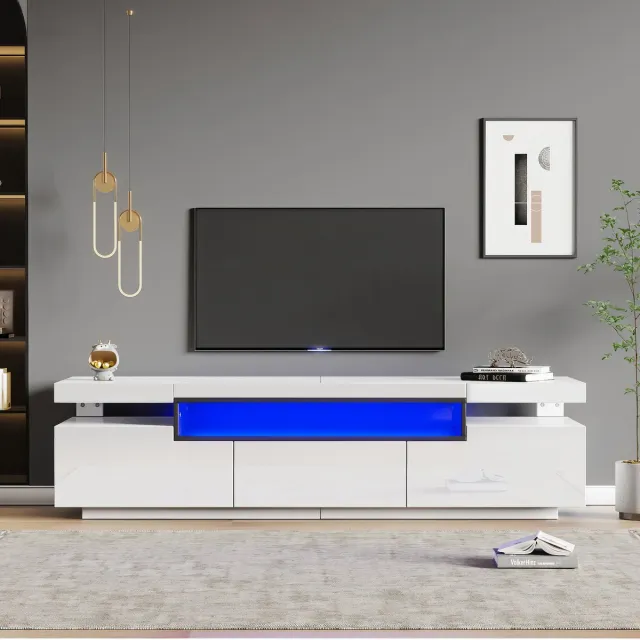 Pugsdrly Elegante hoogglans tv-kast 160x39x42 cm – wit met 16 kleuren ledverlichting – ruimte voor 70 inch tv – inclusief 3 lades, hoogglans tv-standaard
