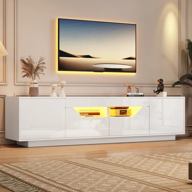 Clruro TV-Meubel - 180x40x45 cm - Met LED en 2 Lades - Hoogglans Lowboard - MDF - Wit