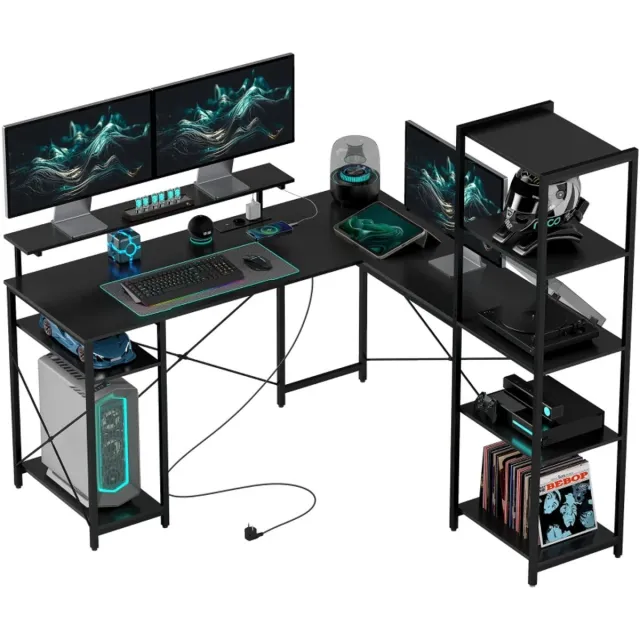 ZYLARO L-vormig Hoekbureau met Stopcontacten – Computerbureau met Monitorstandaard en Opbergrekken – 137 x 140 cm – Zwart