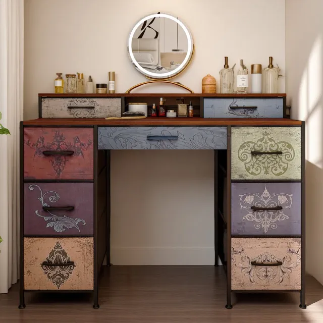 ROSAHQNDA Vintage ladekast met 9 stoffen lades, kast met vier lagen, kaptafel voor de slaapkamer, bijzettafel voor de woonkamer, metalen frame Stijl B
