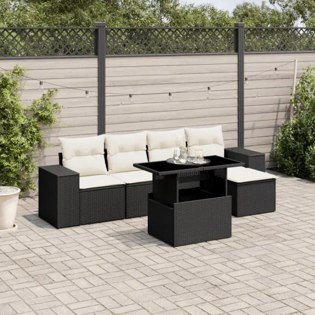 vidaXL 6-delige Loungeset met kussens poly rattan zwart, foto 2
