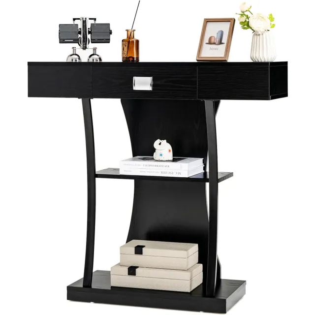 Costway Consoletafel hout, met schuifladen, metalen frame en 2 planken, haltafel, smal, bijzettafel met kantelbeveiliging, voor entree en woonkamer Zwart