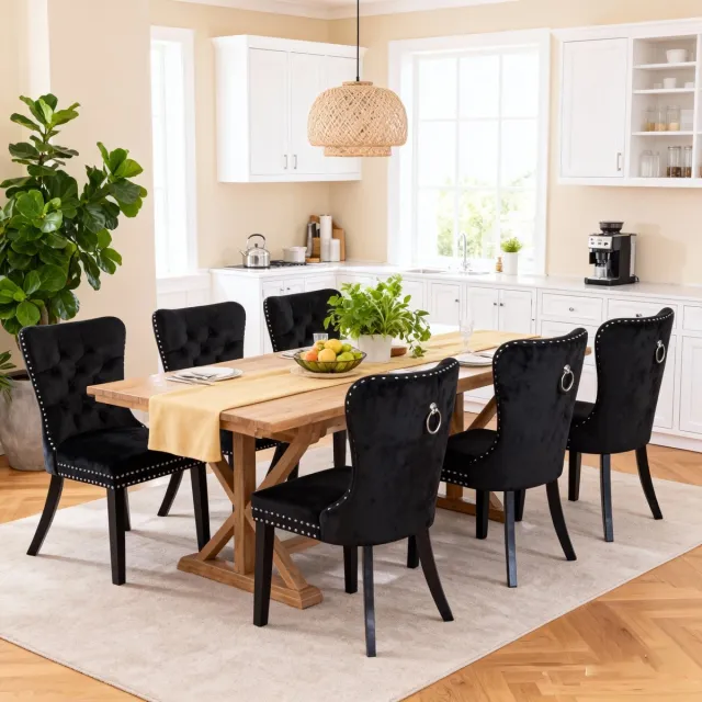 Puluomis Eetkamerstoelen - Set Van 6 - Fluweelstof - Massief houten poten - Zwart