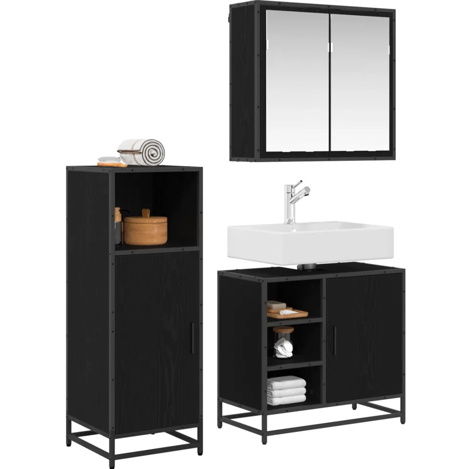 vidaXL Badkamermeubelset 3 st Zwart Eiken 65 x 33 x 60 cm Bewerkt hout