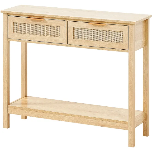 Vevor Rotan Consoletafel Haltafel Decoratieve Tafel 2 Lades Schuifdeur Naturel Bruin