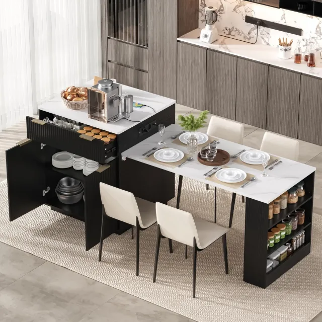 MODENUIT Eettafel - Uitschuifbare Keukenisland Met LED, Lades En Stopcontact - MDF - Zwart - 205x67x92 Cm