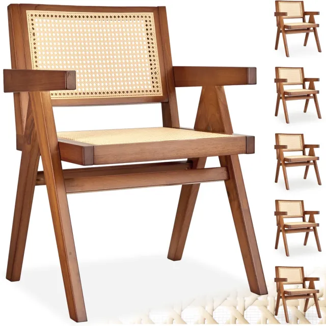 Tectake Houten Stoel Lizzy met Armleuning - Donker Eiken Eetkamerstoel - Set van 6 Eetkamerstoelen met Weens Vlechtwerk - Boho-Stijl Stoel met Rugleuning - Massief Houten Frame - Belastbaarheid 120 kg Donker Eiken - Met Armleuning