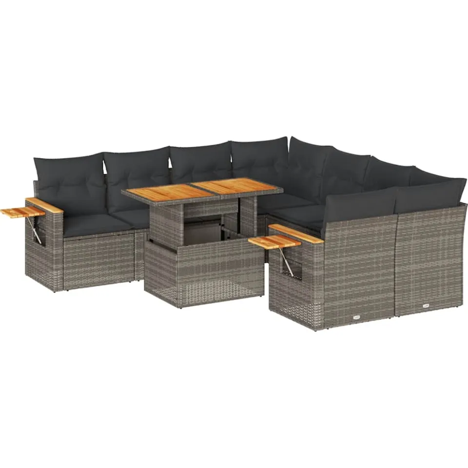 vidaXL 9-delige Loungeset met kussens poly rattan acacia grijs, foto 3