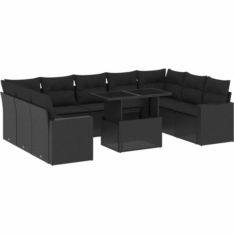 vidaXL 10-delige Loungeset met kussens poly rattan zwart, foto 3