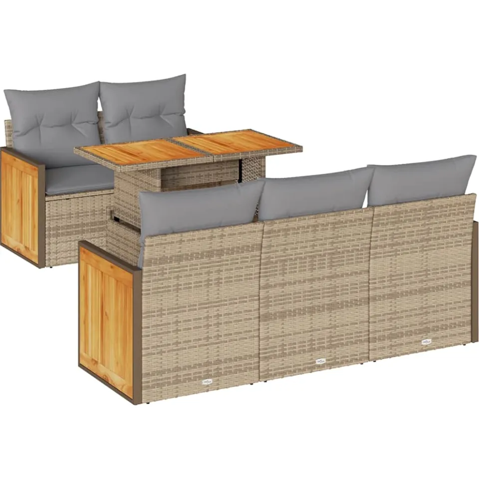 vidaXL 6-delige Loungeset met kussens poly rattan acacia beige, foto 3