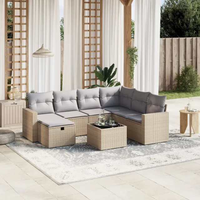 vidaXL 8-delige Loungeset met kussens poly rattan gemengd beige, foto 2