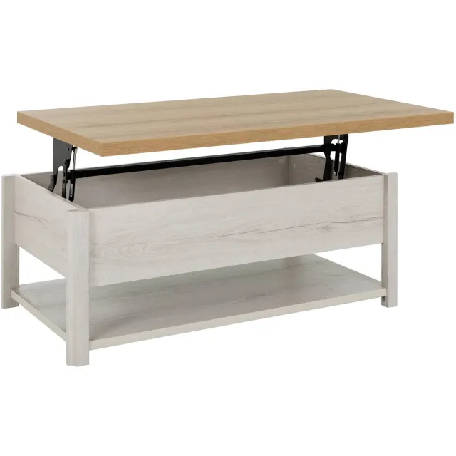 Gautier Salontafel Manosque 115 x 64 cm – Lift Tafelblad 46-60 cm – Met Opbergruimte – Wit/Eiken Look