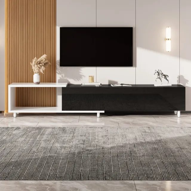 Wishdor TV-meubel - Uitschuifbaar met 3 deuren en open vak - Modern design - Woonkamer opbergkast - Bewerkt hout met metalen poten - Zwart Wit - 258 x 38 x 48,5 cm
